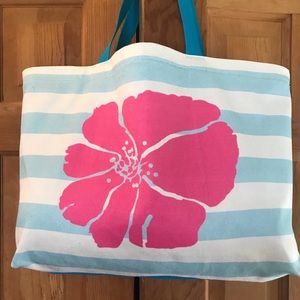 NWT Bright Pink Flower Handprinted on Blue and White Stripe Maxi Tote Bag.